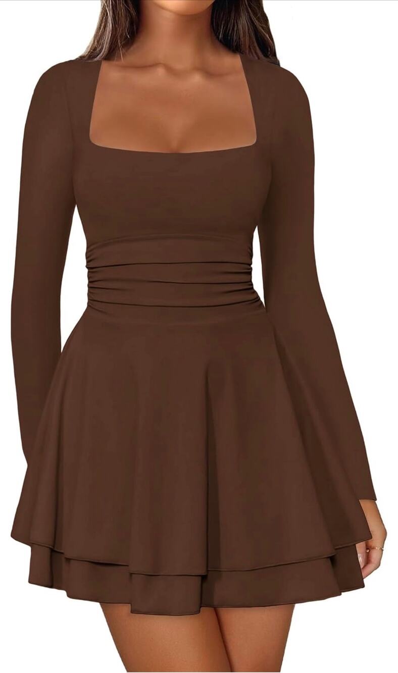 IWD Women’s Coffee Long Sleeve Square Neck Ruched Corset Mini Dress Large